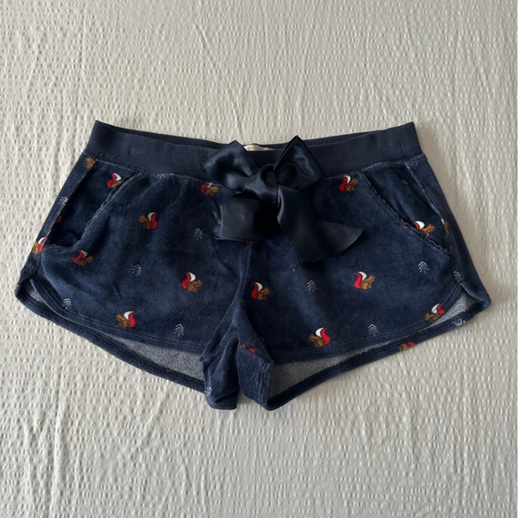 Abercrombie & Fitch Pants - Abercrombie & Fitch Navy Velour Pajama Shorts Squirrel Embroidery Satin Bow S